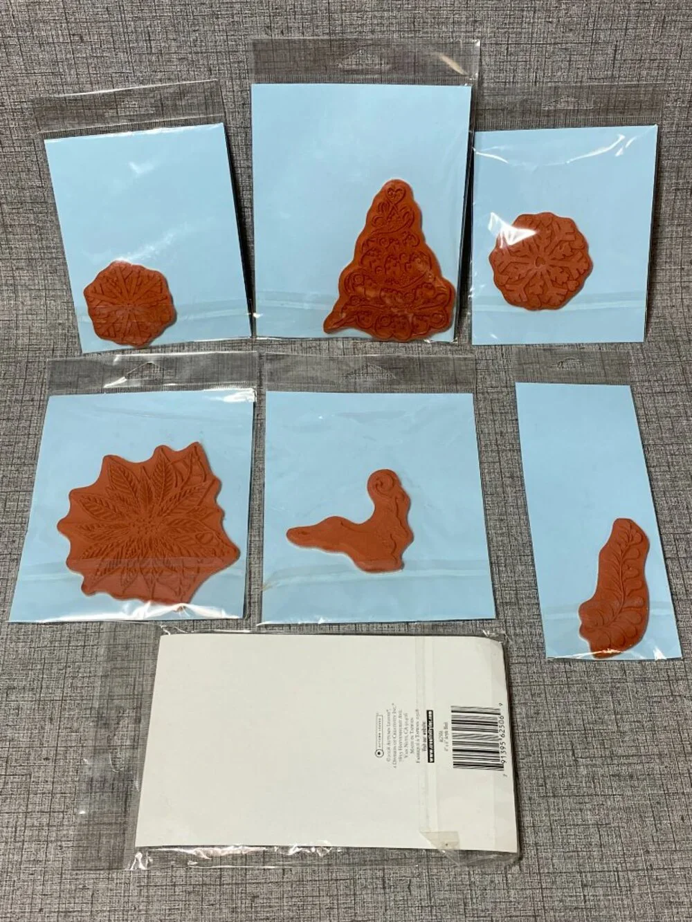 UNIQUE VTG Christmas Rubber Stamps Safire Designs & Acrylic Block 7pc Lot NOS